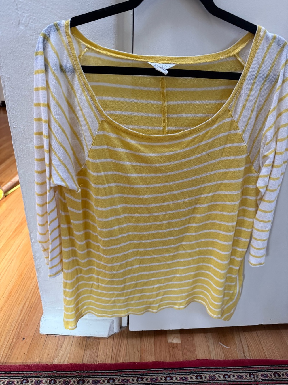 Caslon Yellow & White Striped Scoop Neck 3/4  Sleeve Top